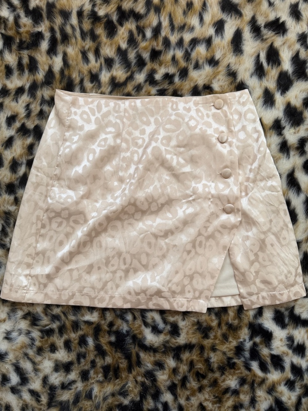 F21 Women's Cream Animal-Print Wrap Skirt with Button Detail